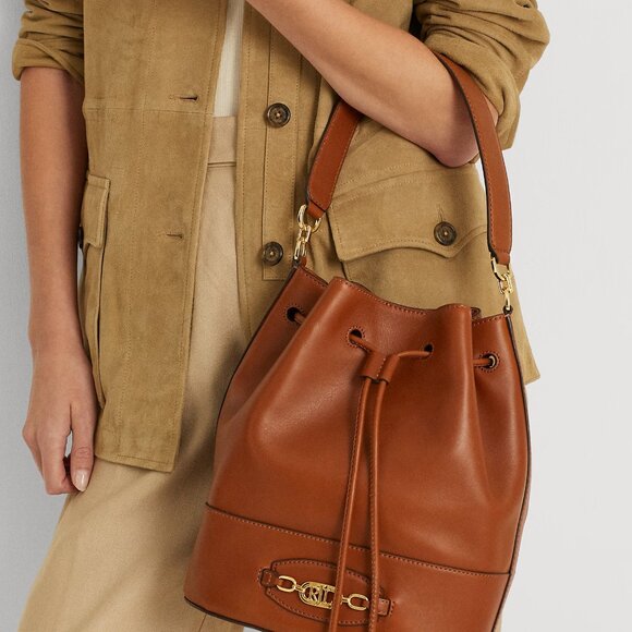 Women's Ralph Lauren Tan Brown Large Andie Leather Drawstring Shoulder Gift Bag - Picture 7 of 13